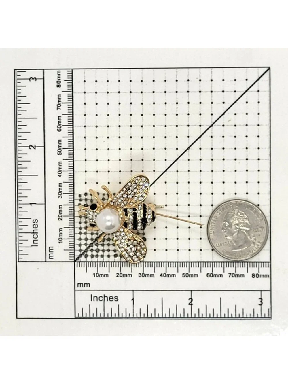 Gold Bumble Bee Pearl Brooch Pin with Sparkling Crystals, Vintage Insect Jewelry - Picture 5 of 5